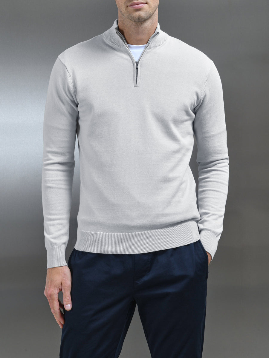 Cotton Knitted Half Zip Funnel Neck Jumper in Mid Grey