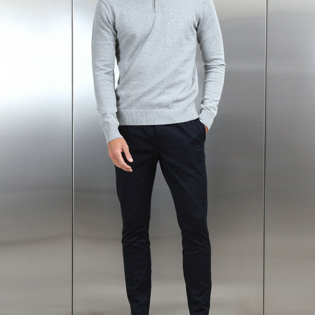 Cotton Knitted Half Zip Funnel Neck Jumper in Marl Grey