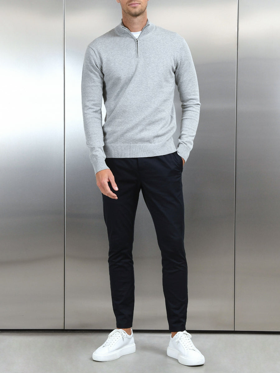 Cotton Knitted Half Zip Funnel Neck Jumper in Marl Grey