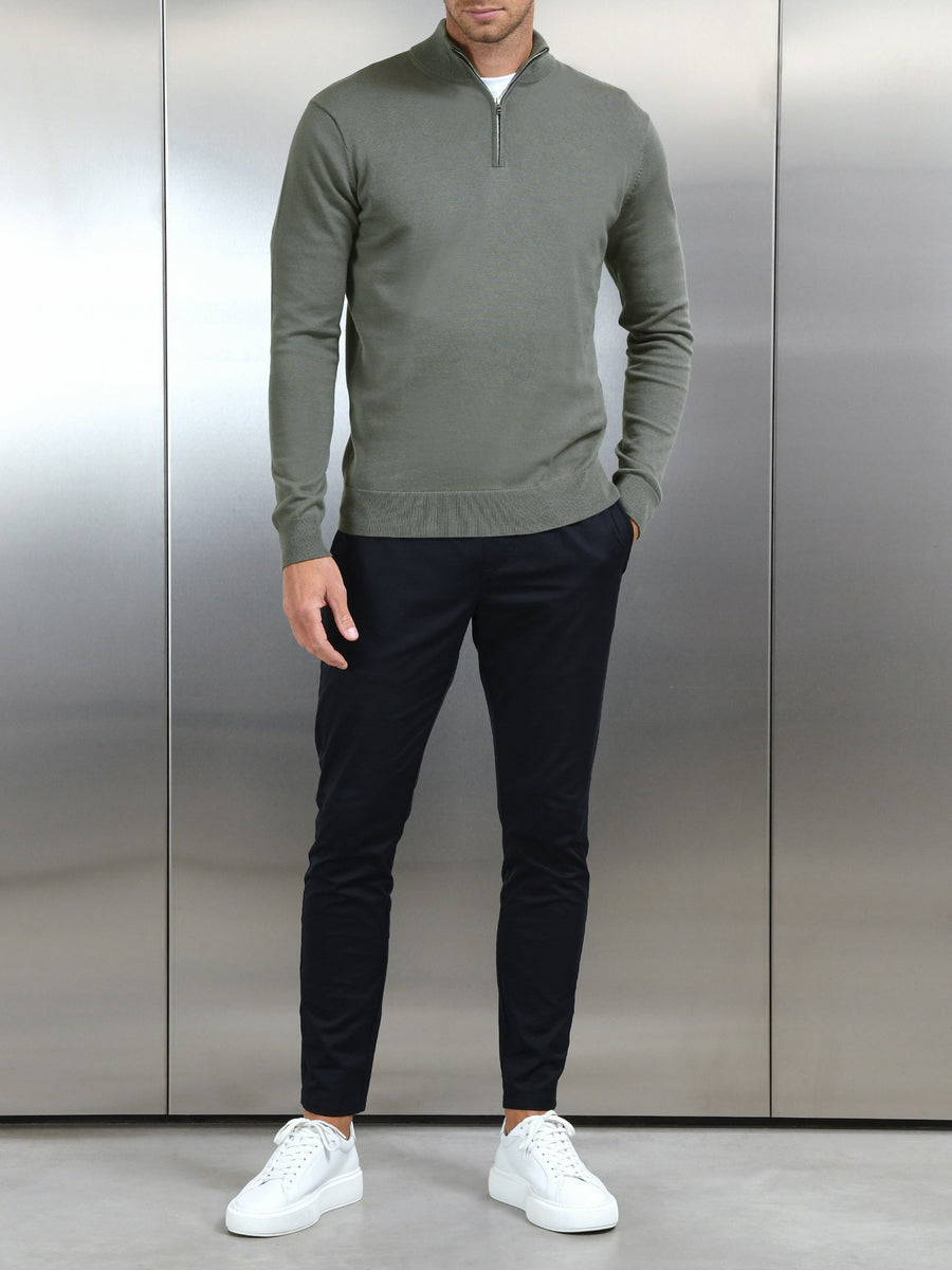 Cotton Knitted Half Zip Funnel Neck Jumper in Sage