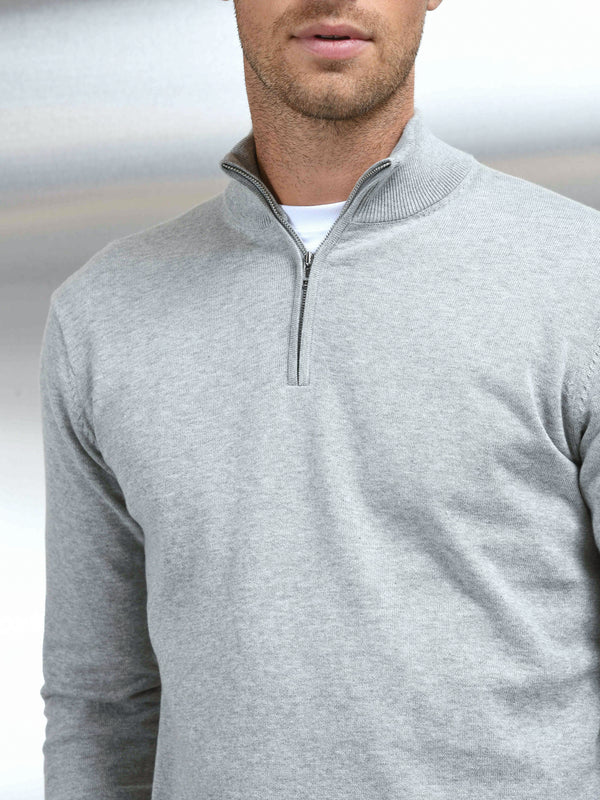 Cotton Knitted Half Zip Funnel Neck Jumper in Marl Grey