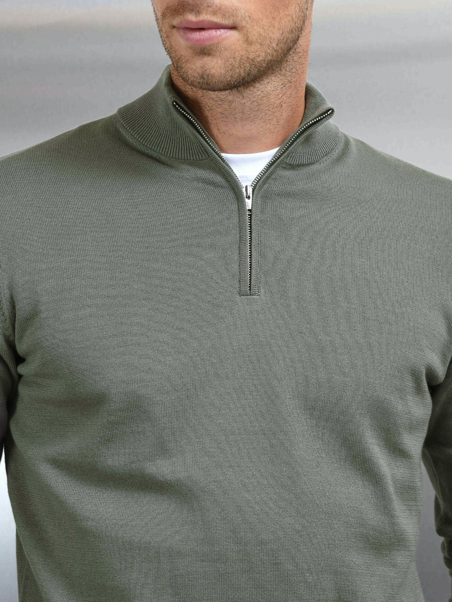 Cotton Knitted Half Zip Funnel Neck Jumper in Sage