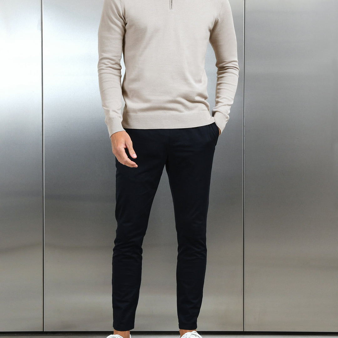 Cotton Knitted Half Zip Funnel Neck Jumper in Stone