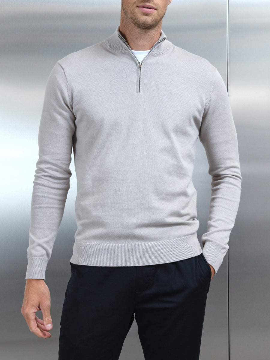 Cotton Knitted Half Zip Funnel Neck Jumper in Stone