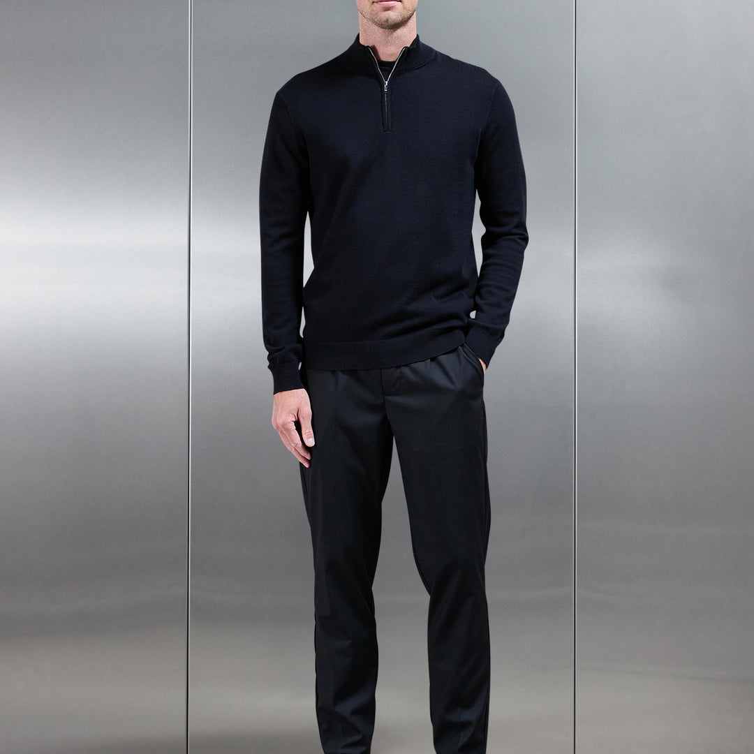 Cotton Knitted Half Zip Funnel Neck Jumper in Black