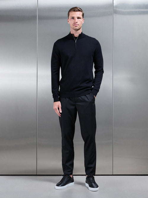 Cotton Knitted Half Zip Funnel Neck Jumper in Black