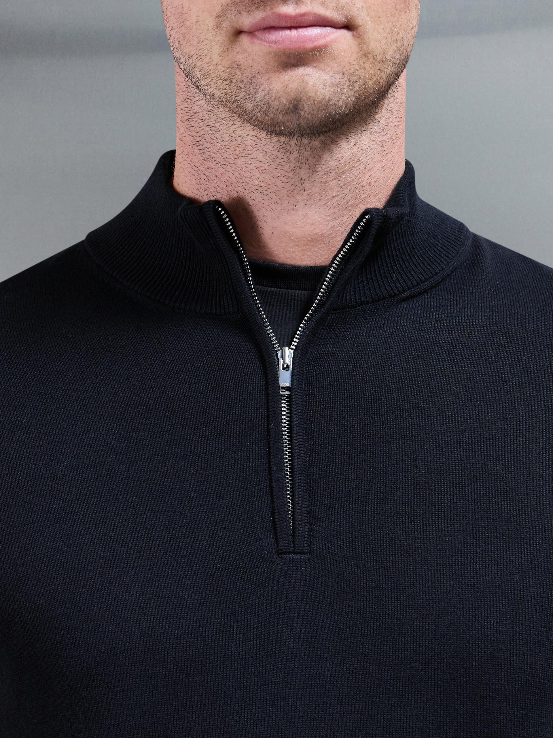 Cotton Knitted Half Zip Funnel Neck Jumper in Black