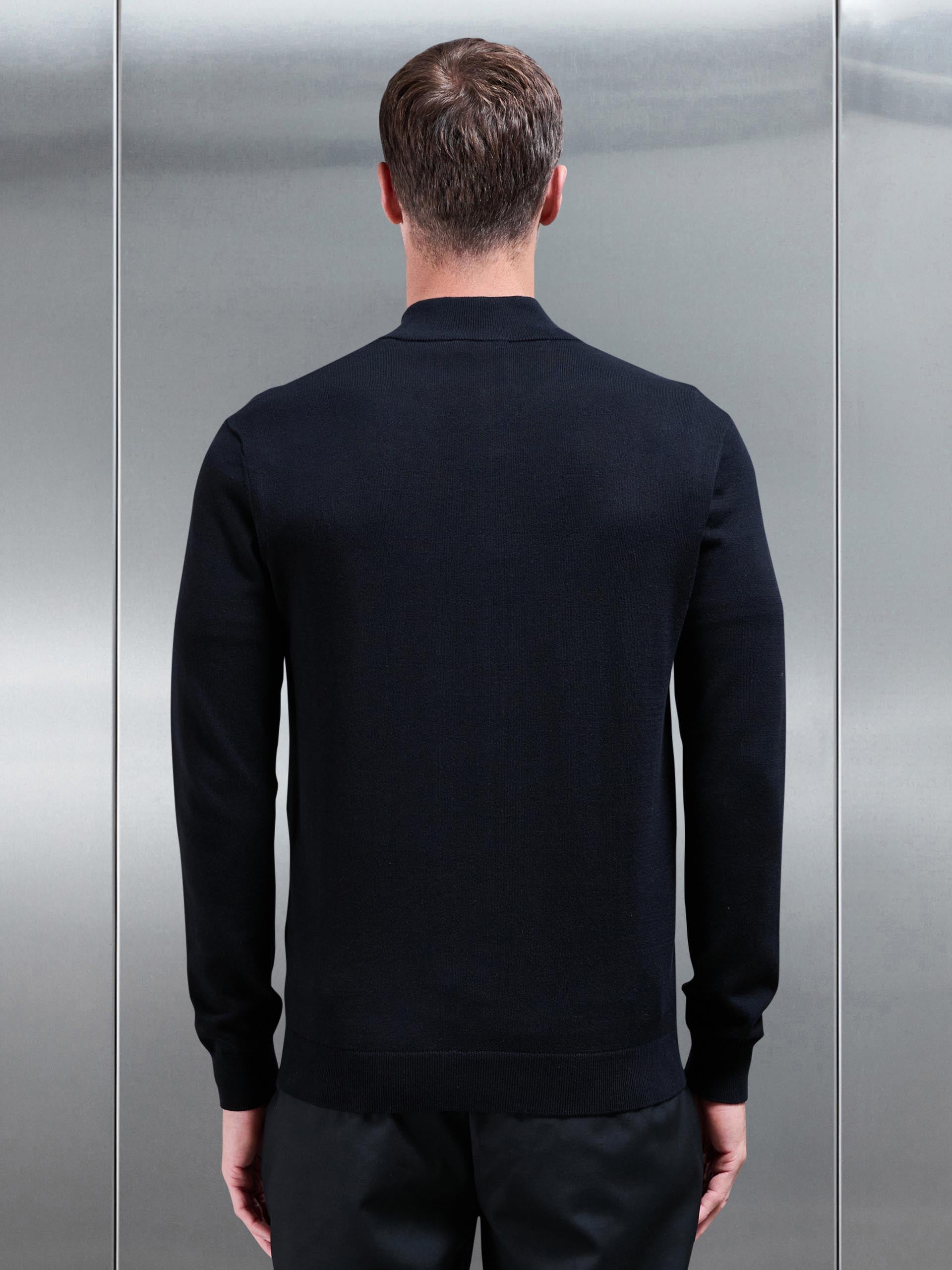 Cotton Knitted Half Zip Funnel Neck Jumper in Black