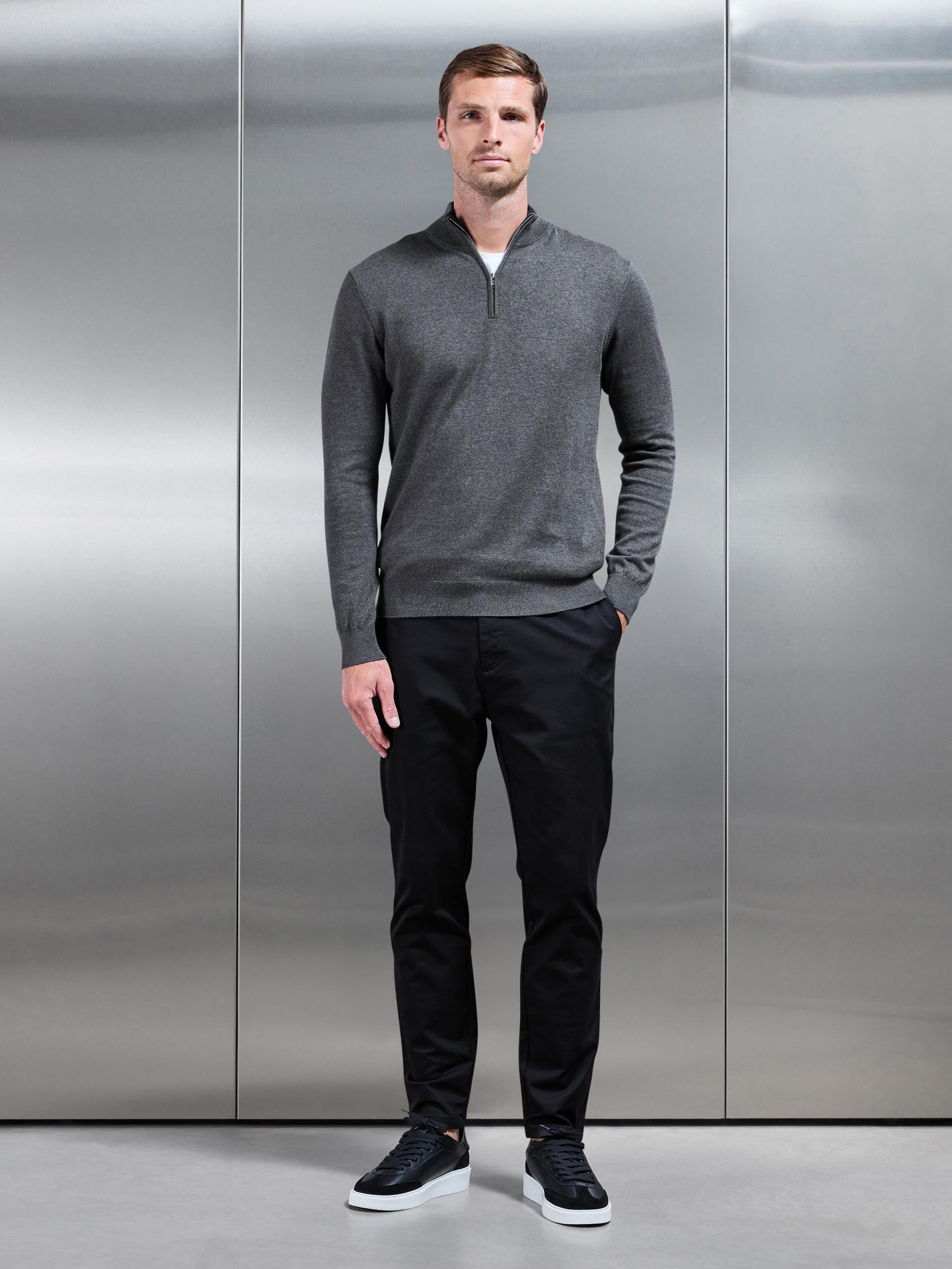 Cotton Knitted Half Zip Funnel Neck Jumper in Charcoal Marl