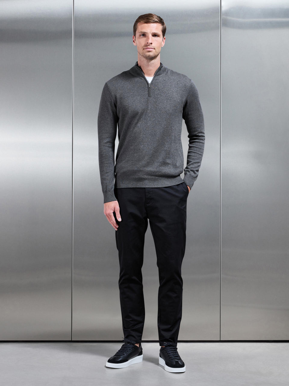 Cotton Knitted Half Zip Funnel Neck Jumper in Charcoal Marl