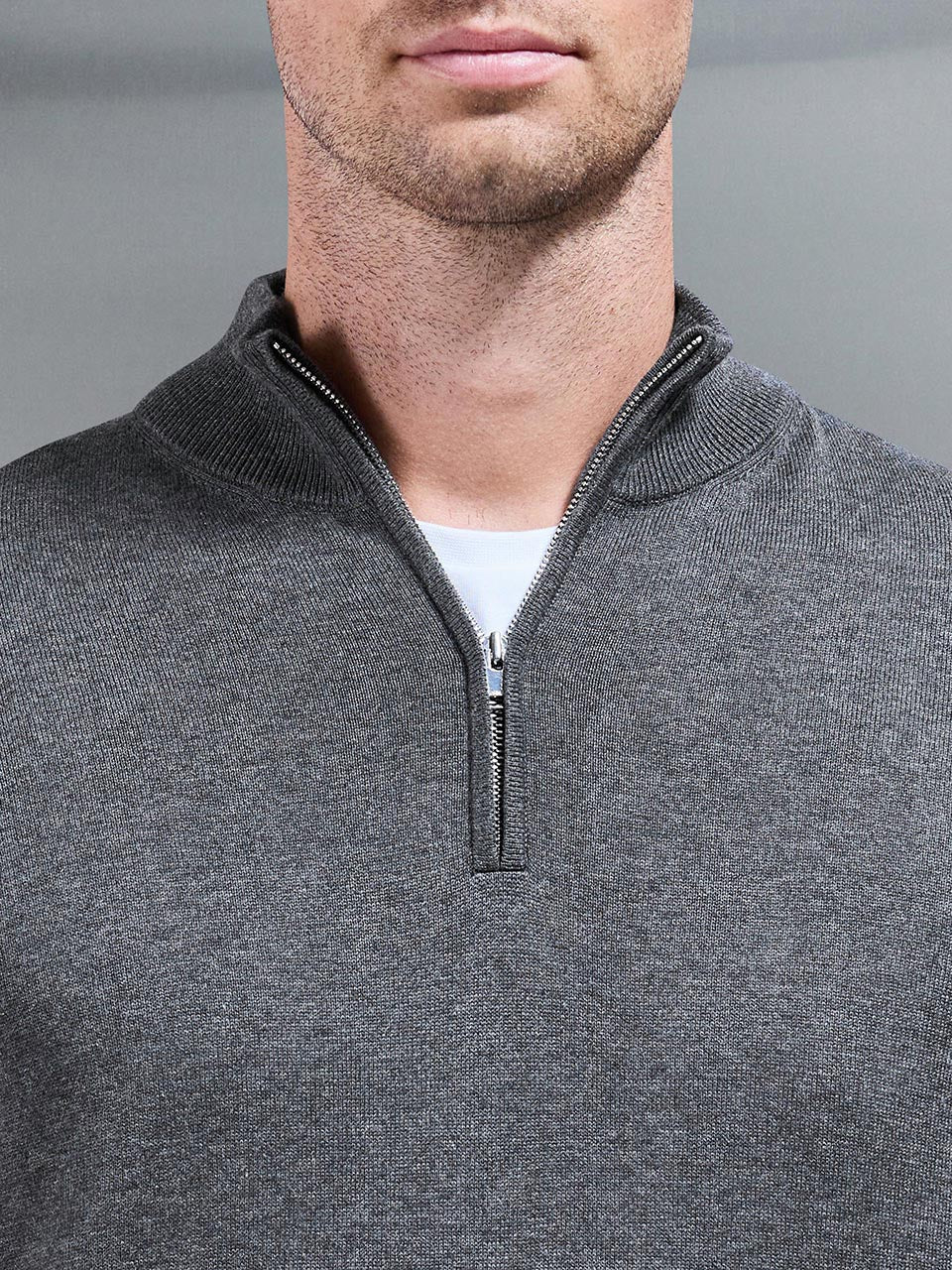 Cotton Knitted Half Zip Funnel Neck Jumper in Charcoal Marl