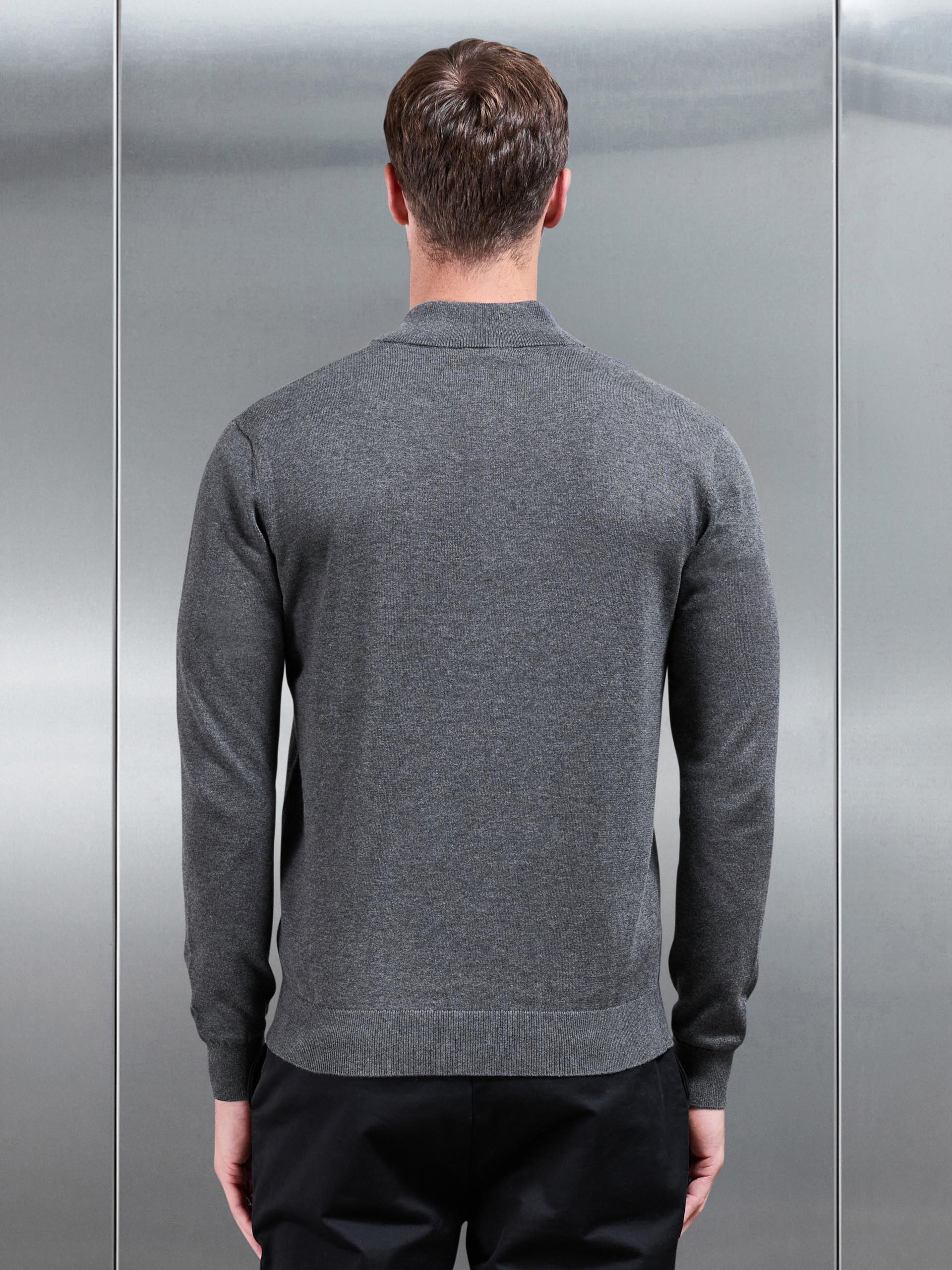 Cotton Knitted Half Zip Funnel Neck Jumper in Charcoal Marl