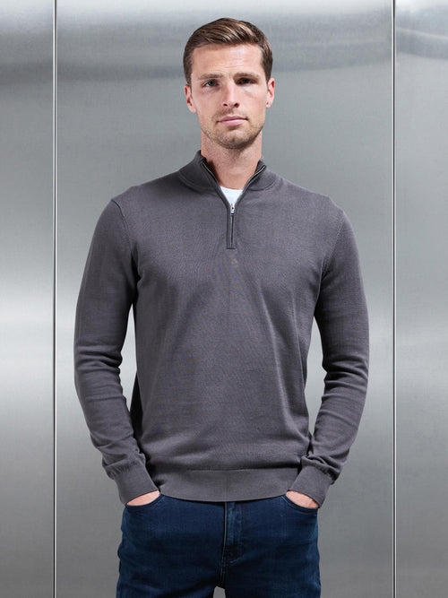 Cotton Knitted Half Zip Funnel Neck Jumper in Grey