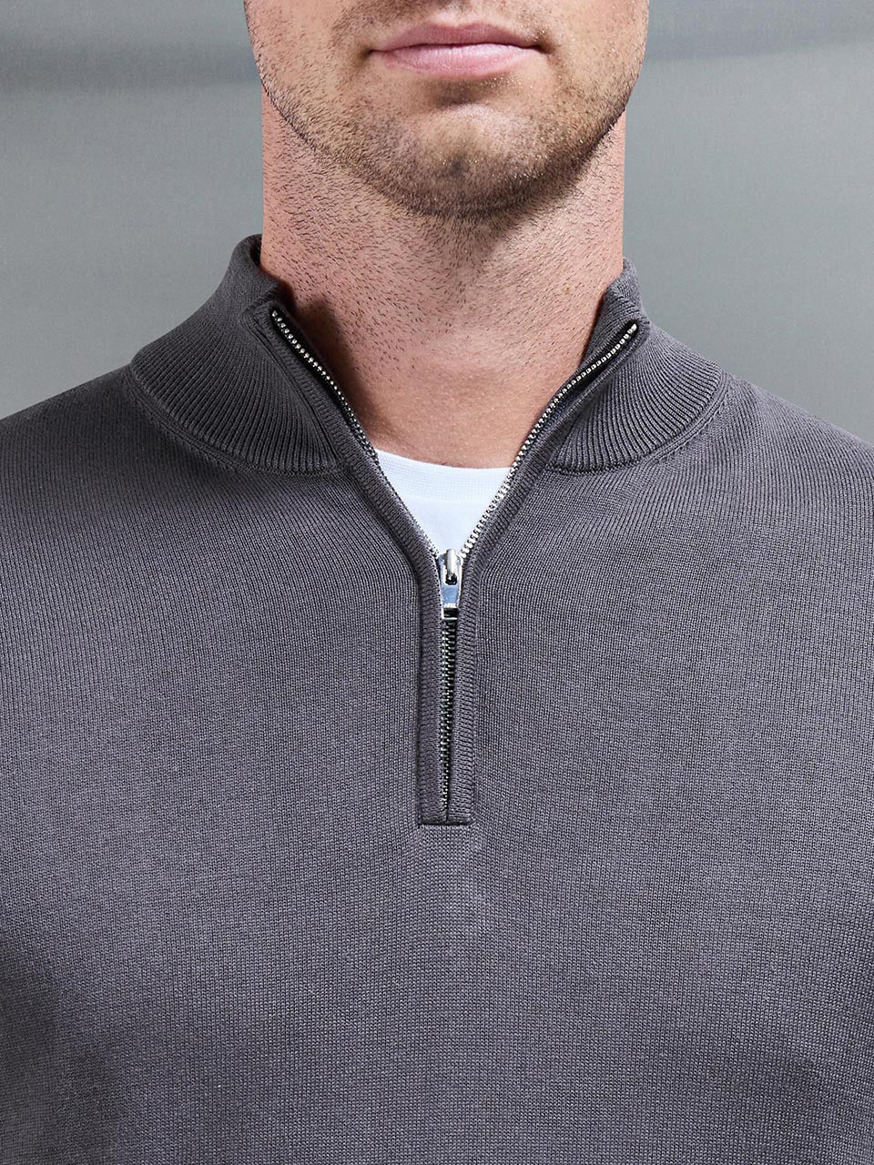 Cotton Knitted Half Zip Funnel Neck Jumper in Grey