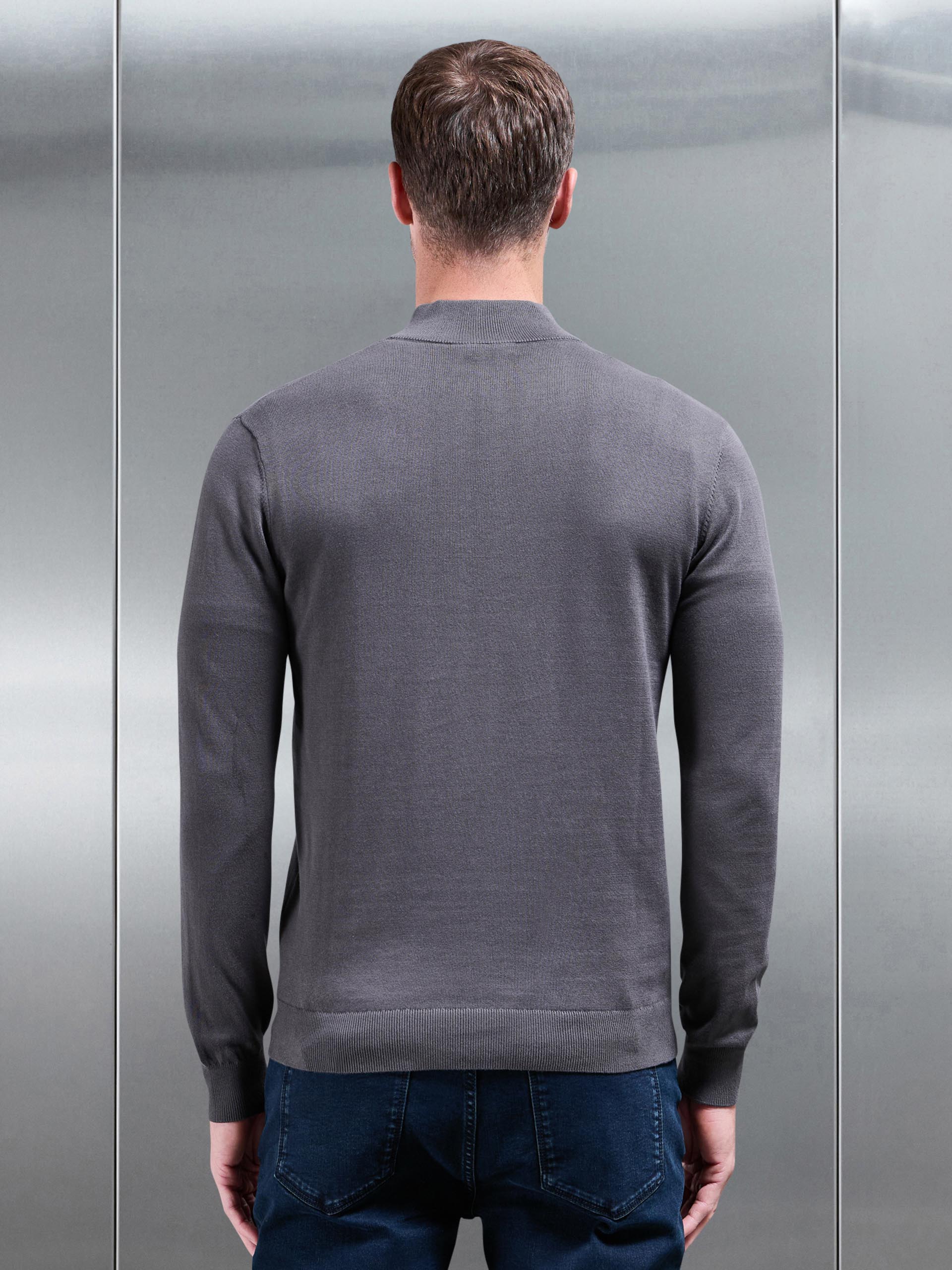 Cotton Knitted Half Zip Funnel Neck Jumper in Grey