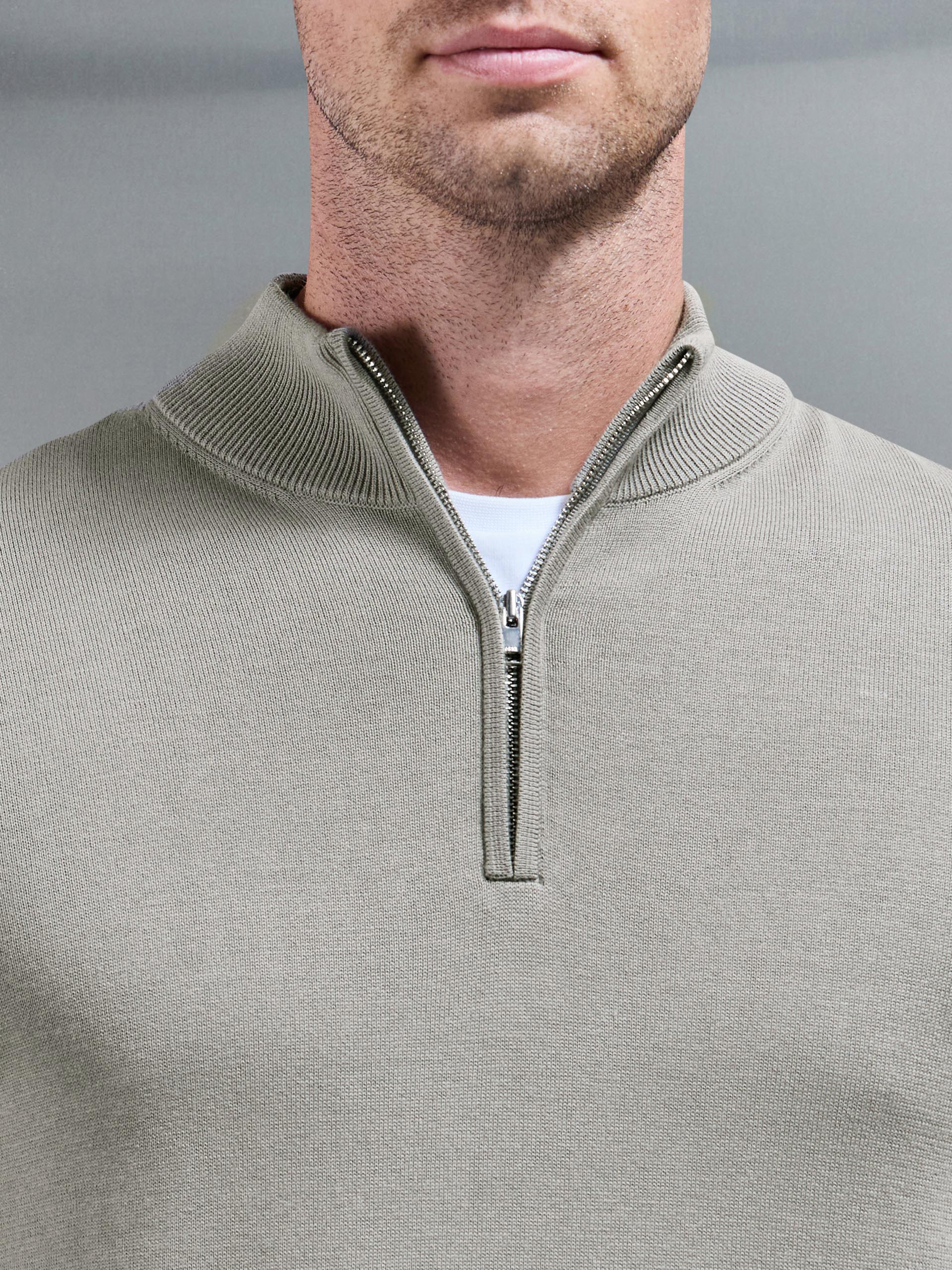 Cotton Knitted Half Zip Funnel Neck Jumper in Light Sage