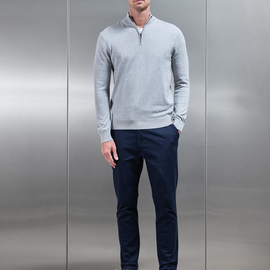 Cotton Knitted Half Zip Funnel Neck Jumper in Marl Grey
