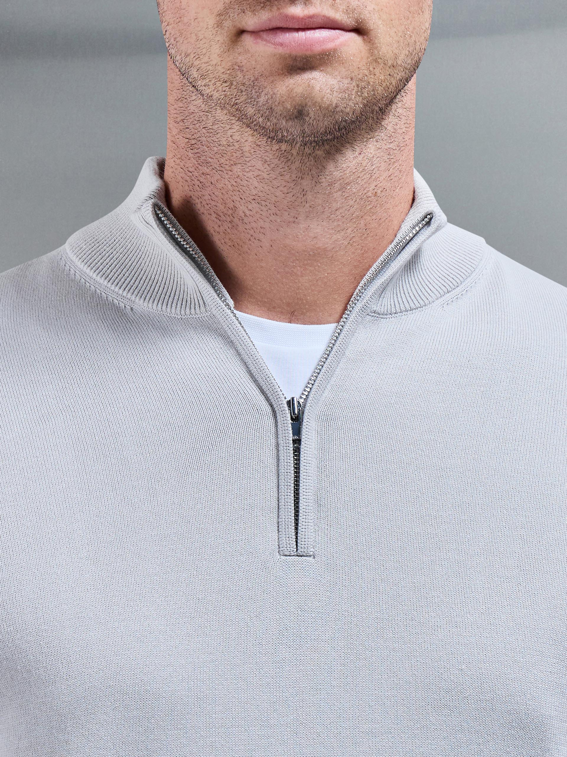 Cotton Knitted Half Zip Funnel Neck Jumper in Mid Grey