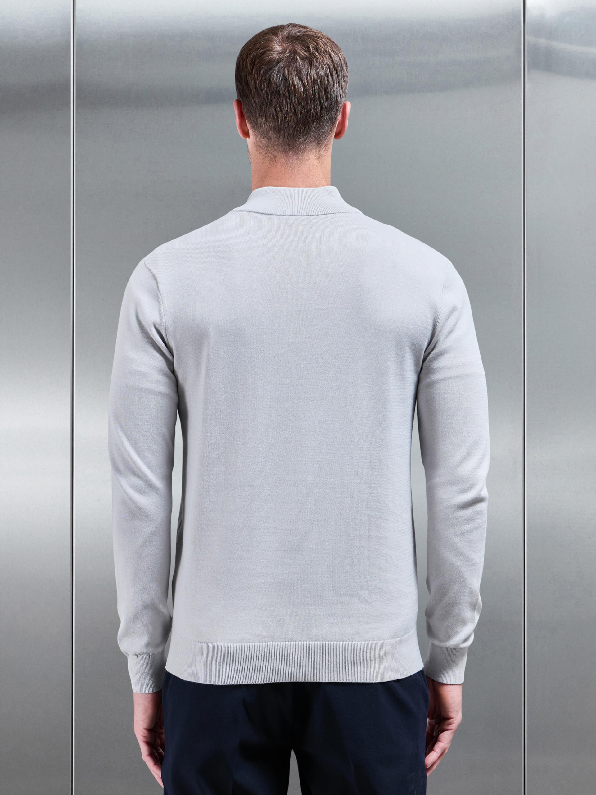 Cotton Knitted Half Zip Funnel Neck Jumper in Mid Grey