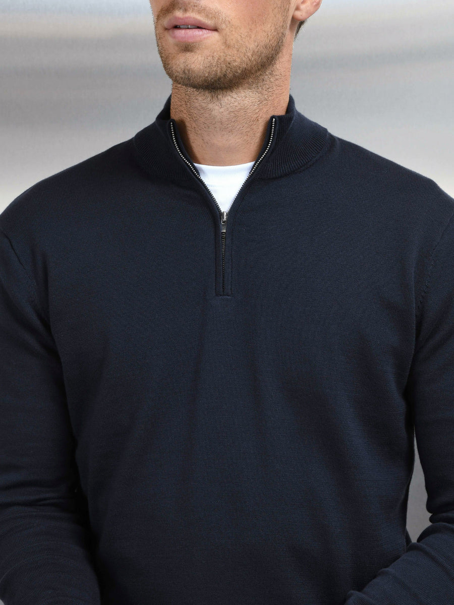 Cotton Knitted Half Zip Funnel Neck Jumper in Navy