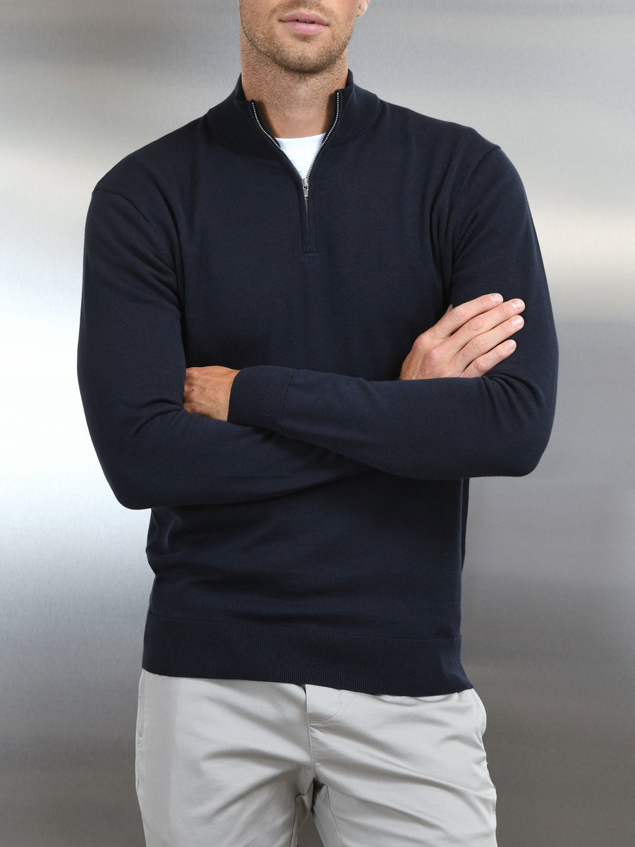 Cotton Knitted Half Zip Funnel Neck Jumper in Navy