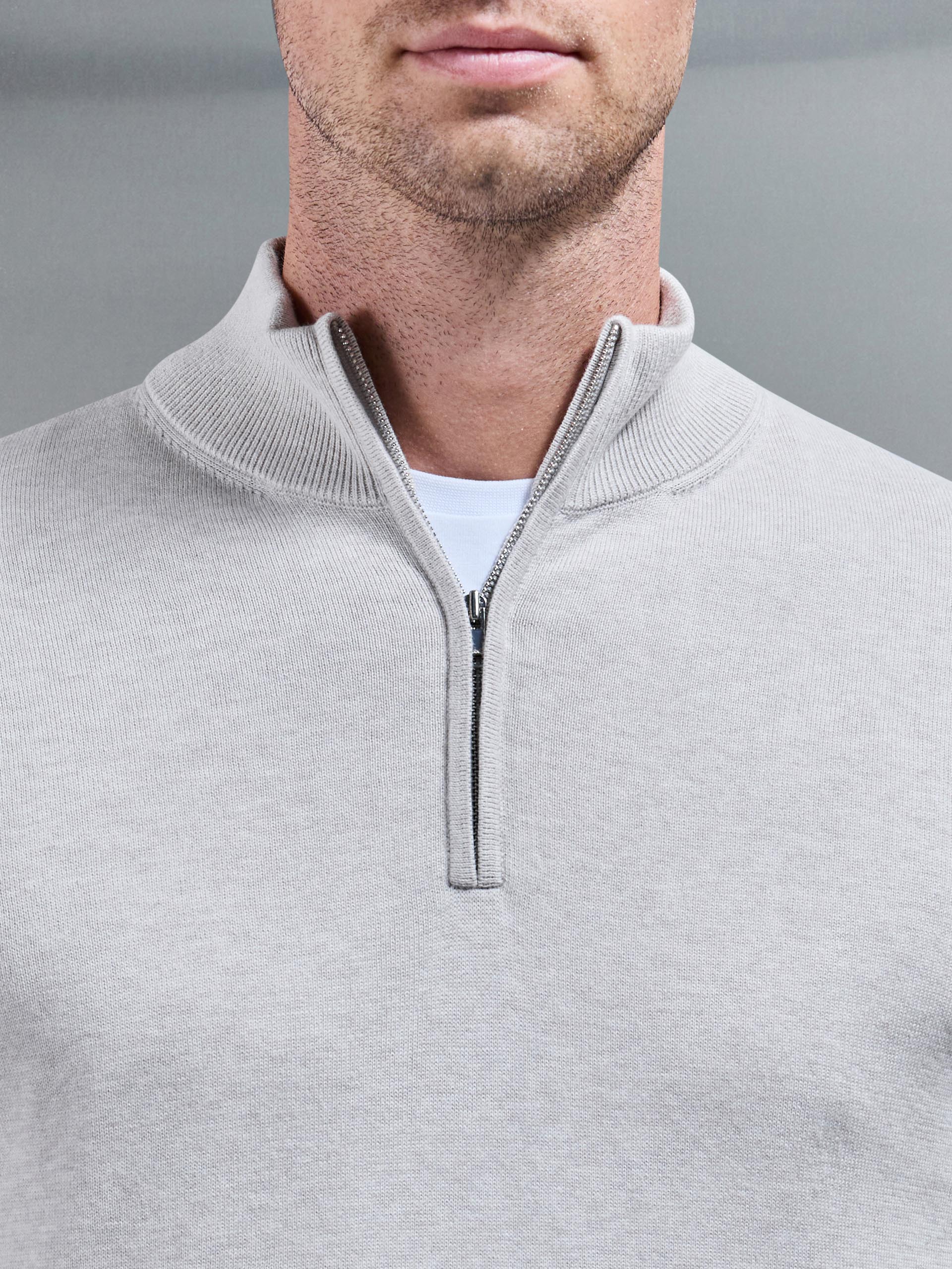 Cotton Knitted Half Zip Funnel Neck Jumper in Oatmeal