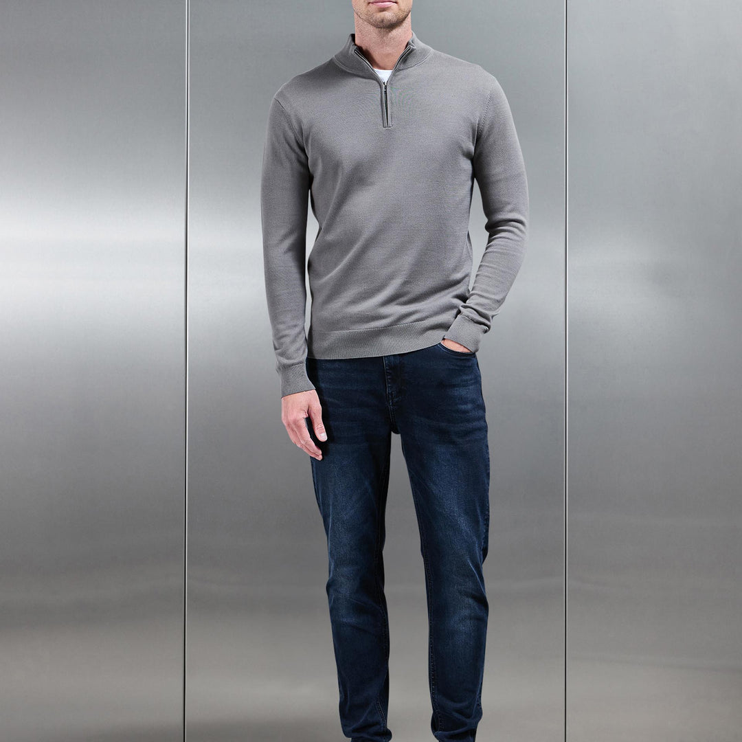 Cotton Knitted Half Zip Funnel Neck Jumper in Sage