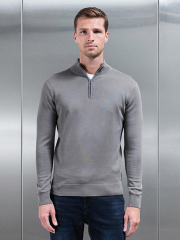Cotton Knitted Half Zip Funnel Neck Jumper in Sage