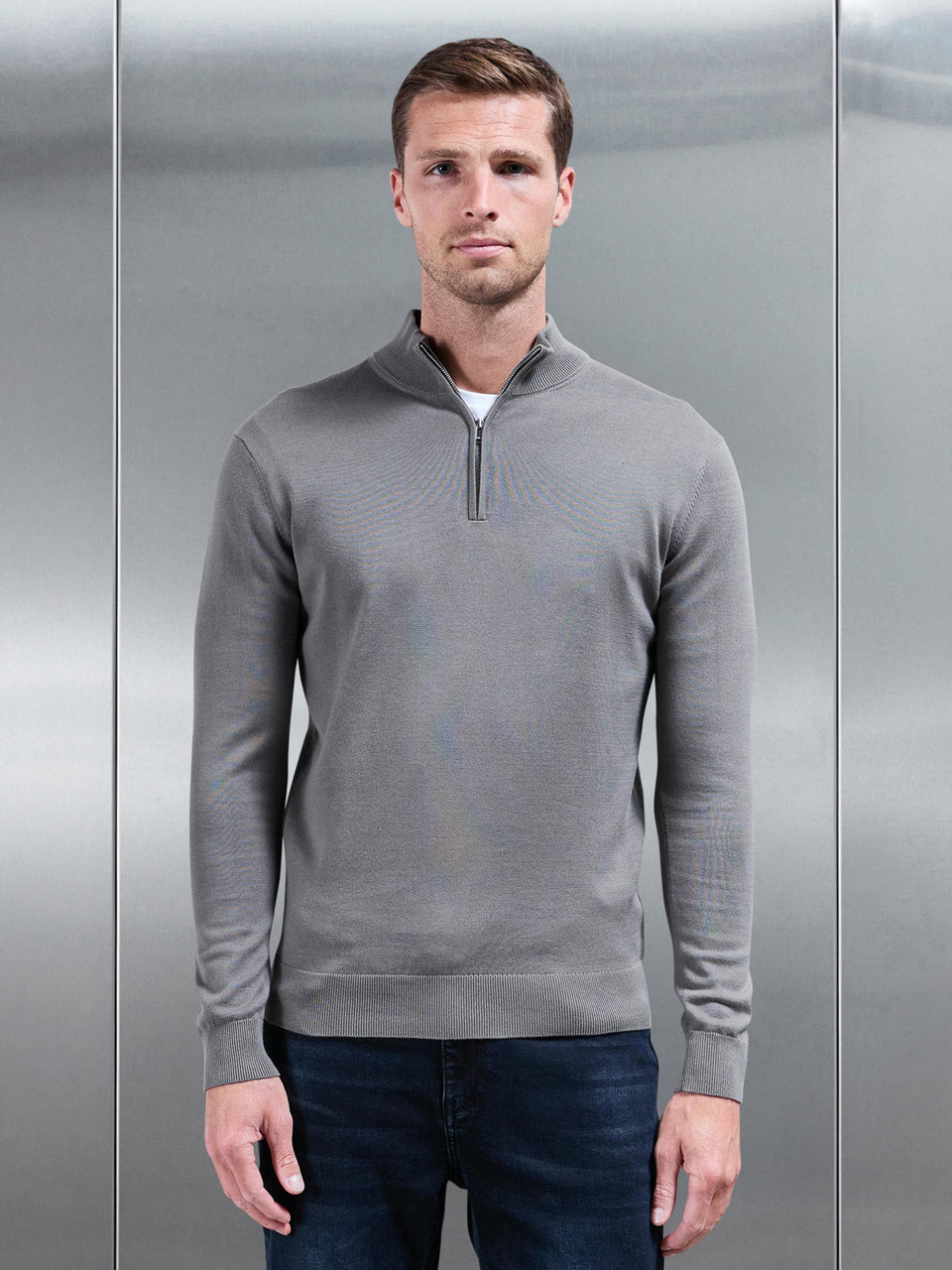 Cotton Knitted Half Zip Funnel Neck Jumper in Sage
