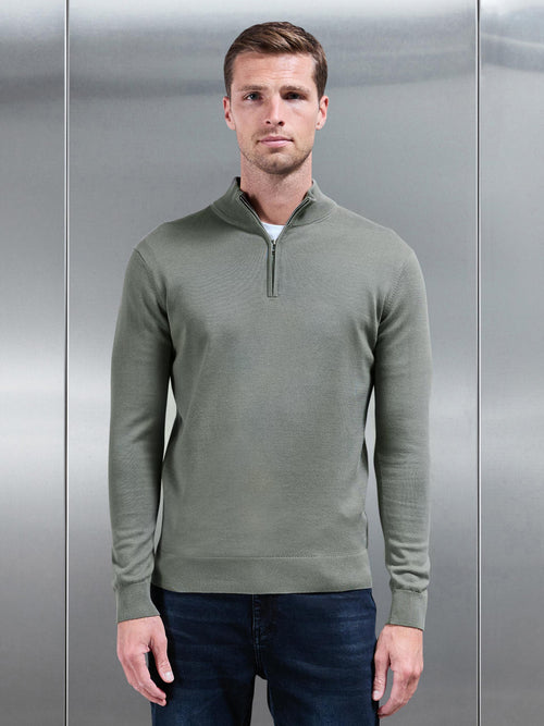 Cotton Knitted Half Zip Funnel Neck Jumper in Sage