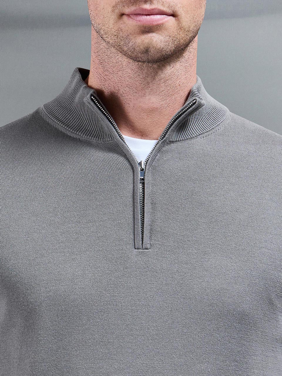 Cotton Knitted Half Zip Funnel Neck Jumper in Sage