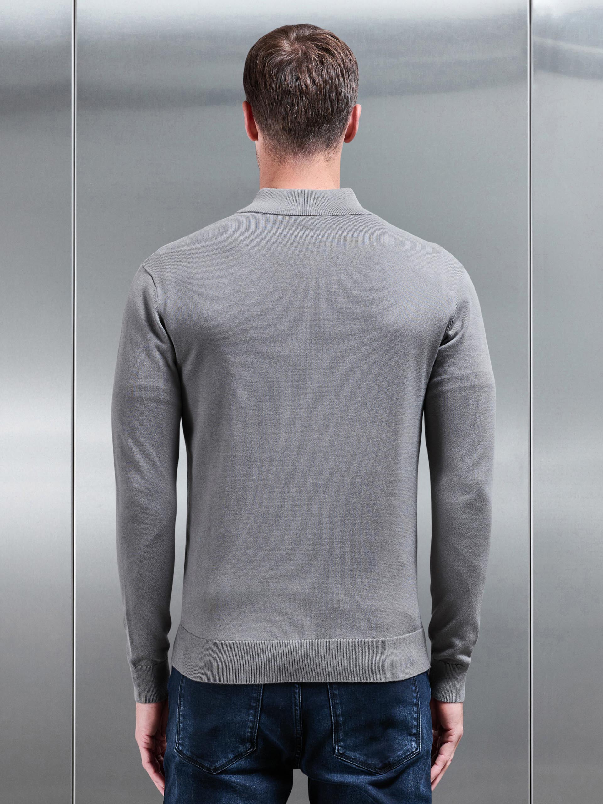 Cotton Knitted Half Zip Funnel Neck Jumper in Sage