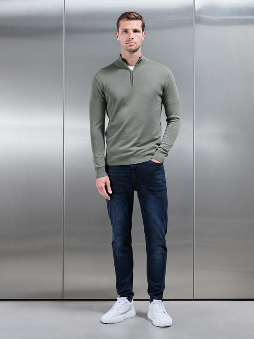 Cotton Knitted Half Zip Funnel Neck Jumper in Sage