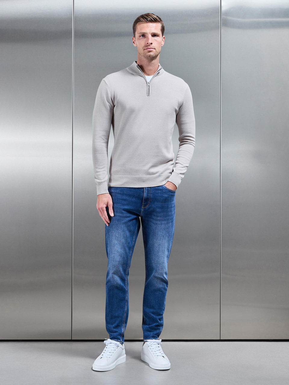 Cotton Knitted Half Zip Funnel Neck Jumper in Stone
