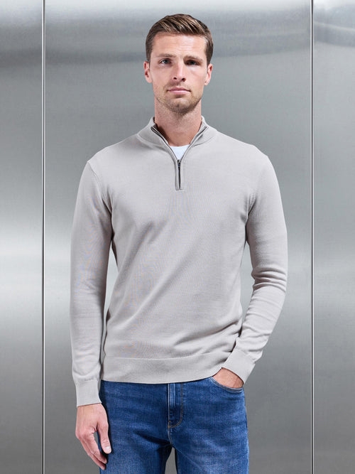 Cotton Knitted Half Zip Funnel Neck Jumper in Stone