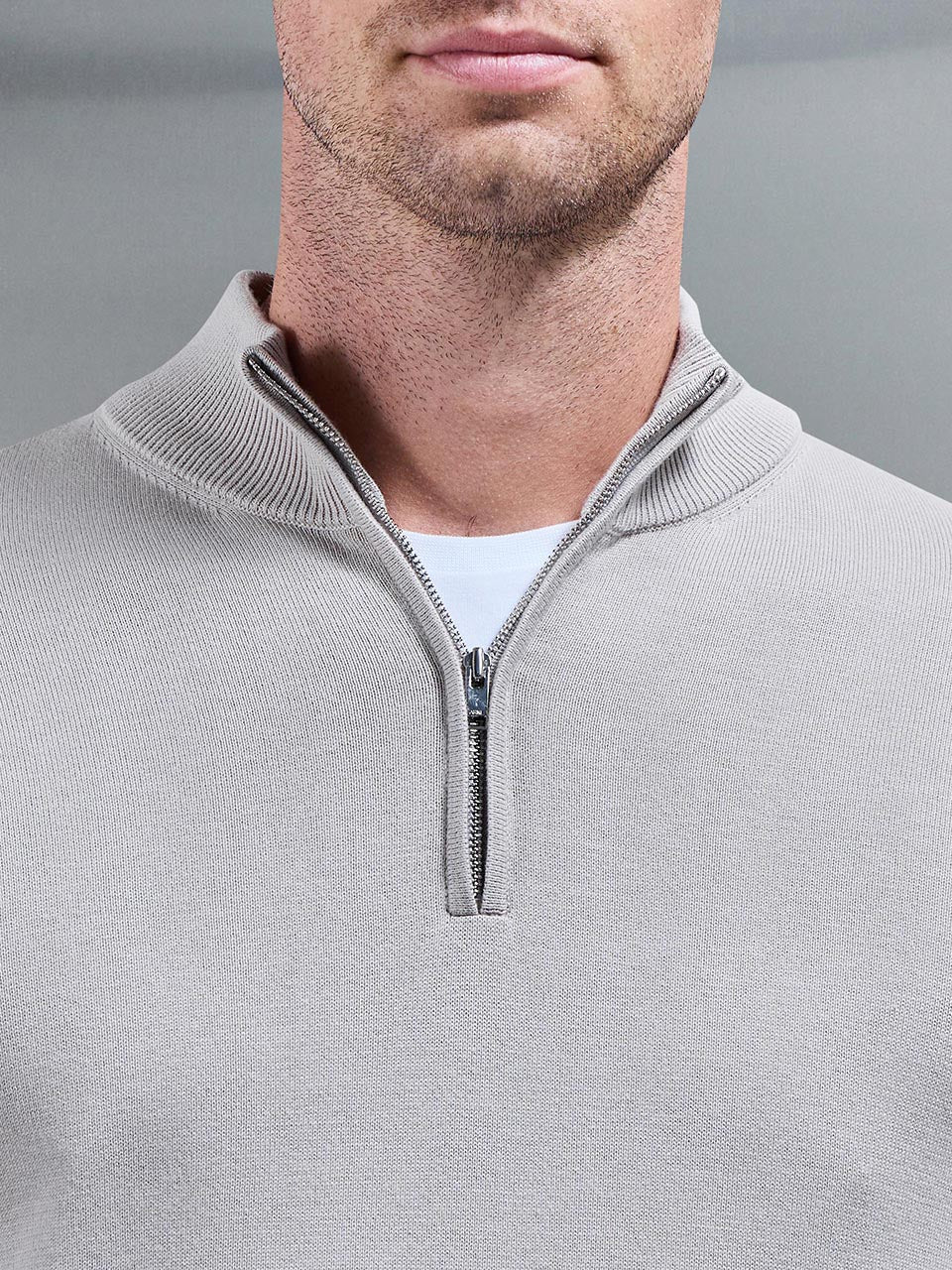 Cotton Knitted Half Zip Funnel Neck Jumper in Stone