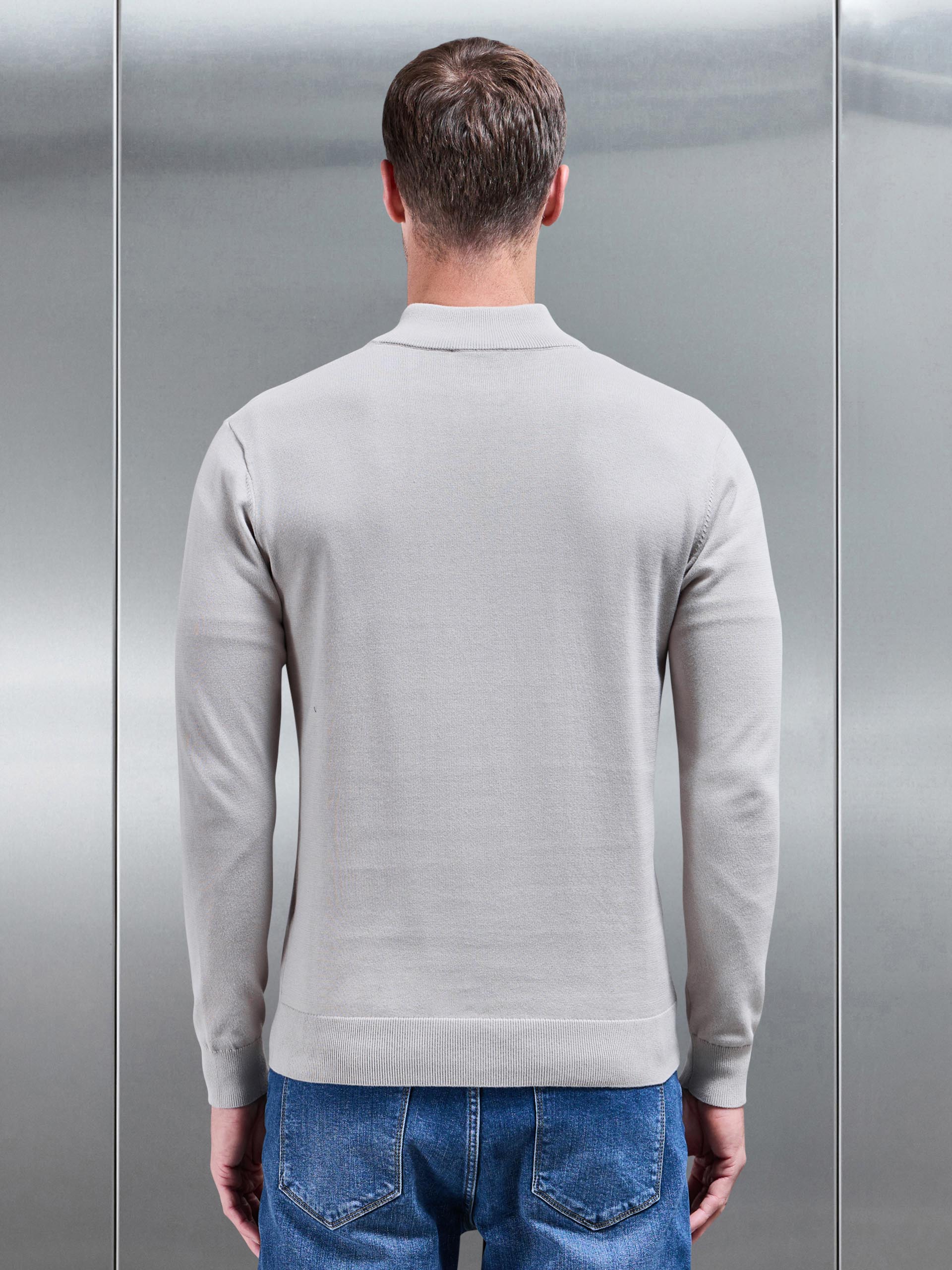 Cotton Knitted Half Zip Funnel Neck Jumper in Stone