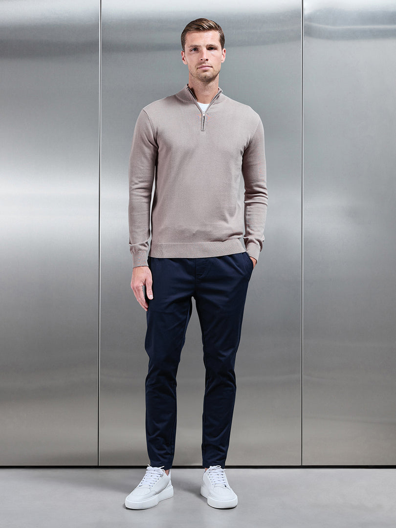 Cotton Knitted Half Zip Funnel Neck Jumper in Taupe