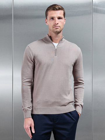 Cotton Knitted Half Zip Funnel Neck Jumper in Taupe