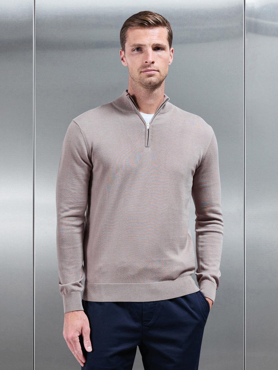 Cotton Knitted Half Zip Funnel Neck Jumper in Taupe