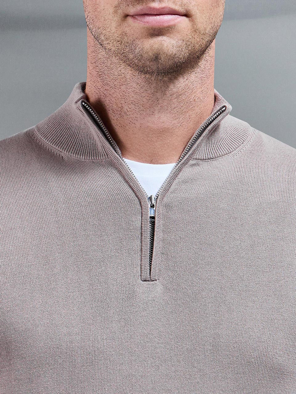 Cotton Knitted Half Zip Funnel Neck Jumper in Taupe