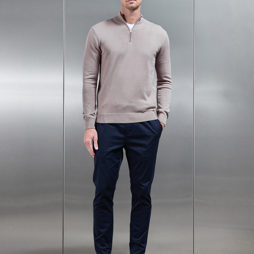Cotton Knitted Half Zip Funnel Neck Jumper in Taupe