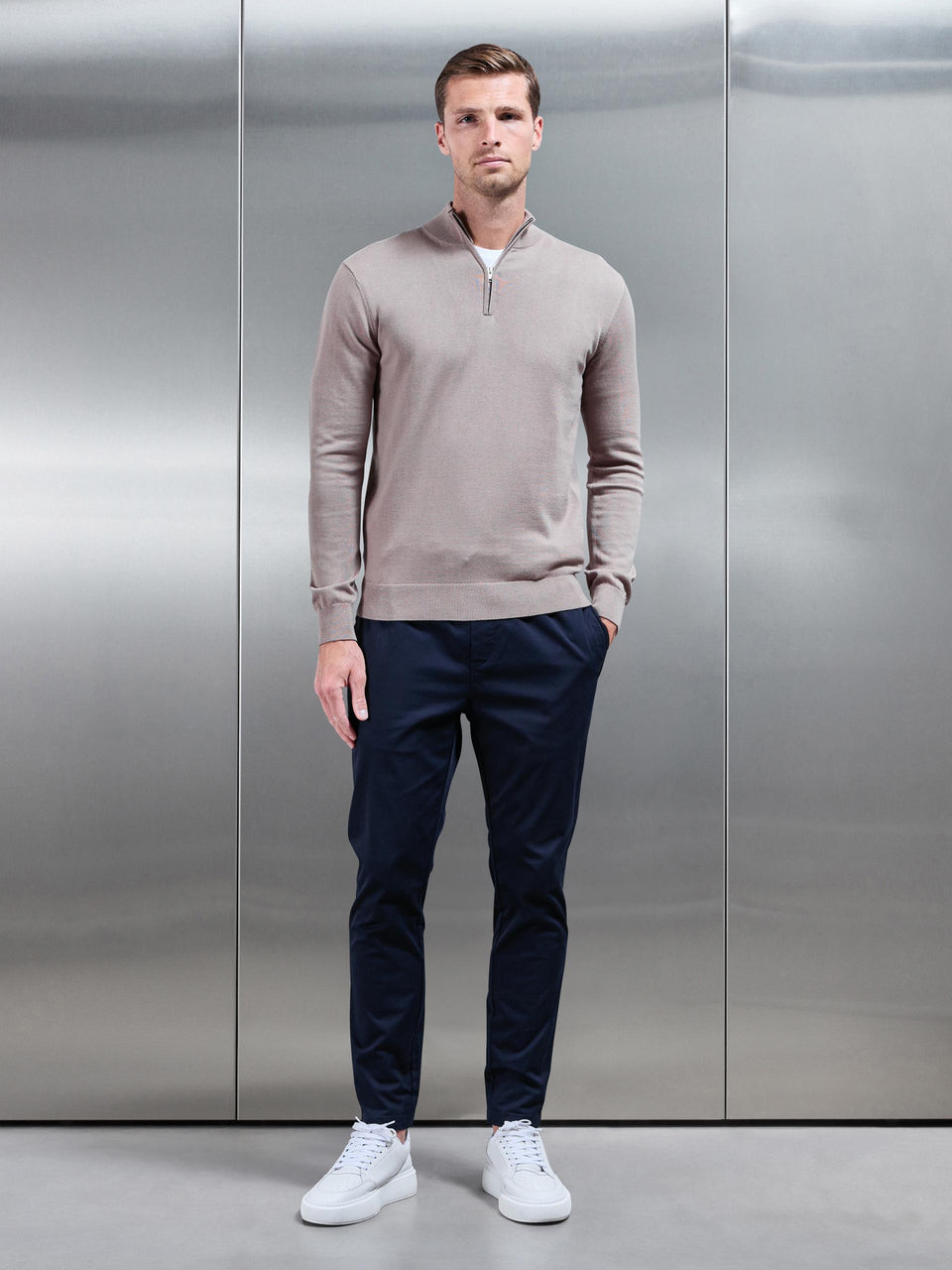 Cotton Knitted Half Zip Funnel Neck Jumper in Taupe
