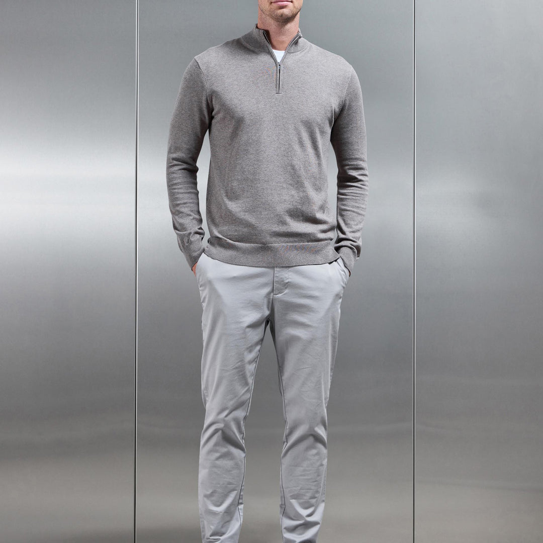 Cotton Knitted Half Zip Funnel Neck Jumper in Taupe Marl