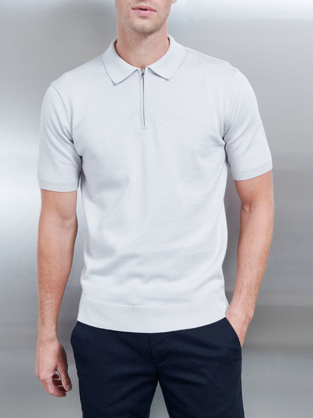 Cotton Knitted Zip Polo Shirt in Mid Grey