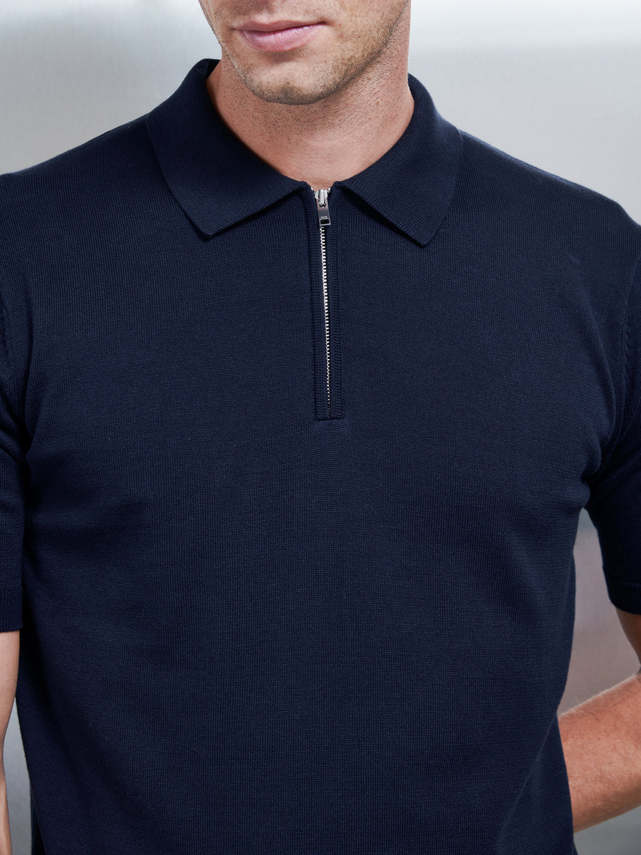 Cotton Knitted Zip Polo Shirt in Navy