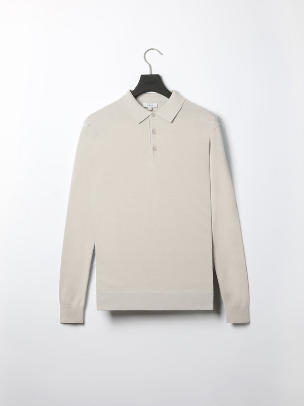 Cotton Knitted Long Sleeve Button Polo Shirt in Stone