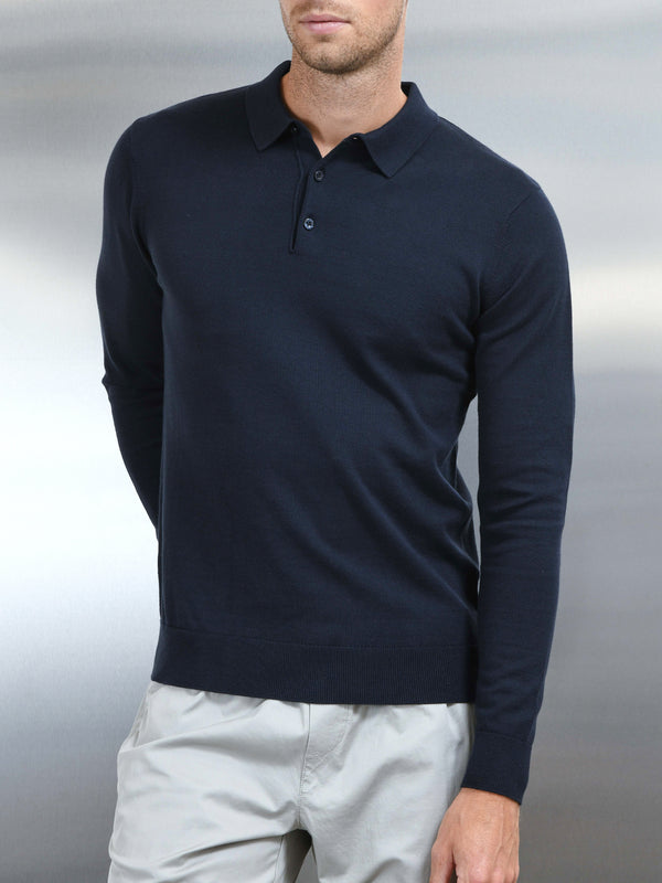 Cotton Knitted Long Sleeve Button Polo Shirt in Navy
