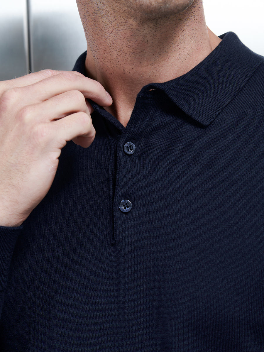 Cotton Knitted Long Sleeve Button Polo Shirt in Navy ARNE