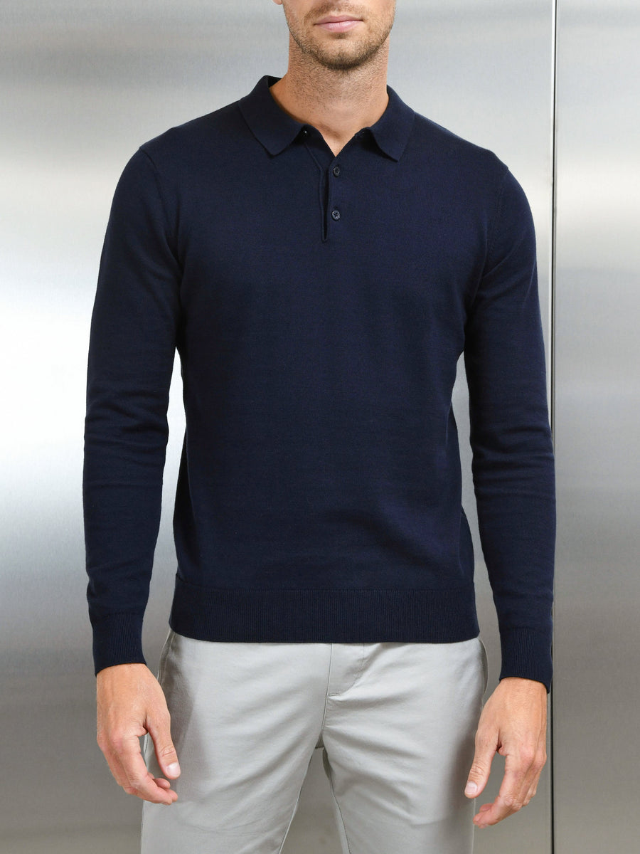 Cotton Knitted Long Sleeve Button Polo Shirt in Navy